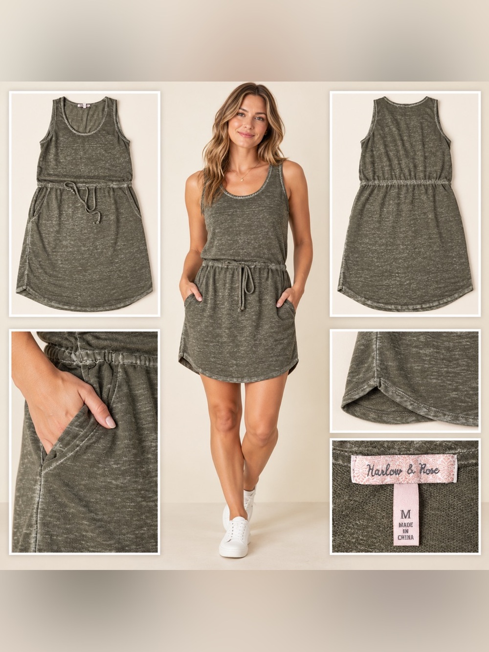 Fashion & Rose Olive Mineral Wash Sleeveless Pocket Dress Size M